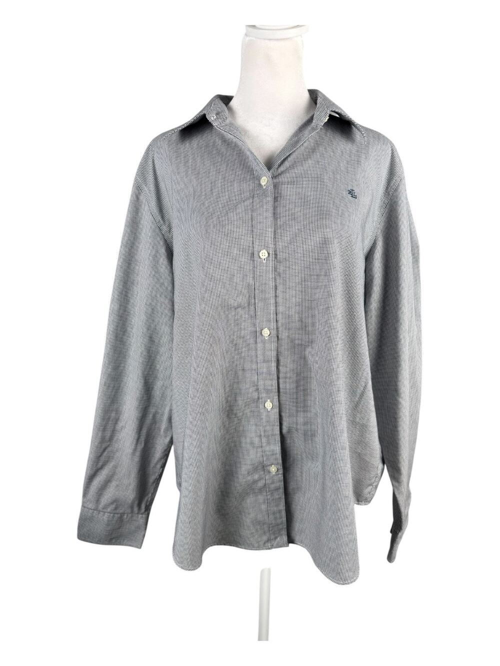 Lauren Ralph Lauren Womens XL Non-Iron Cotton Button Up Blouse White Black Check